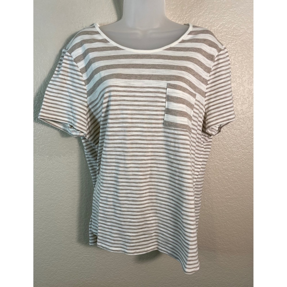 Chicos Zenergy 2 US 12/14 Top Tan White Striped Short Sleeve Pocket Tee Casual
